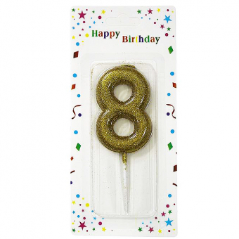 Купить Свеча-цифра в торт «8» золотая с глиттером 6 см оптом